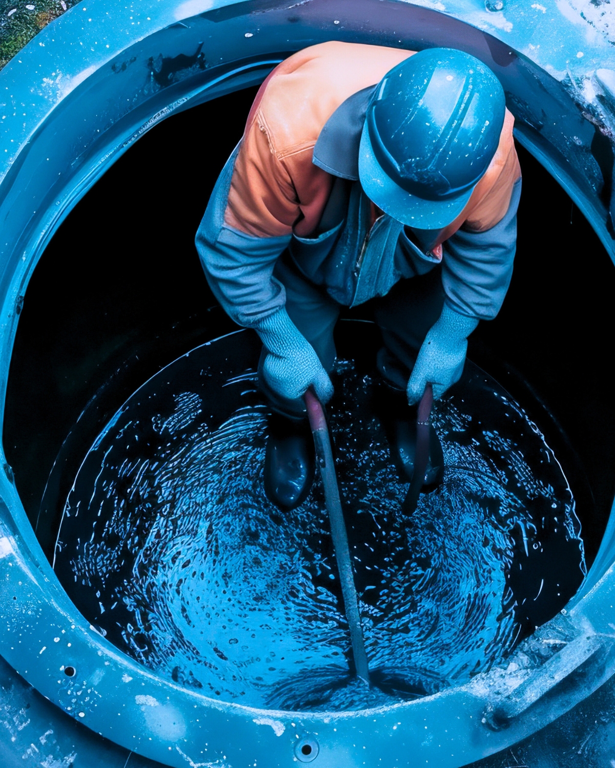 Mega meter technician inside underground water tank performing cleaning