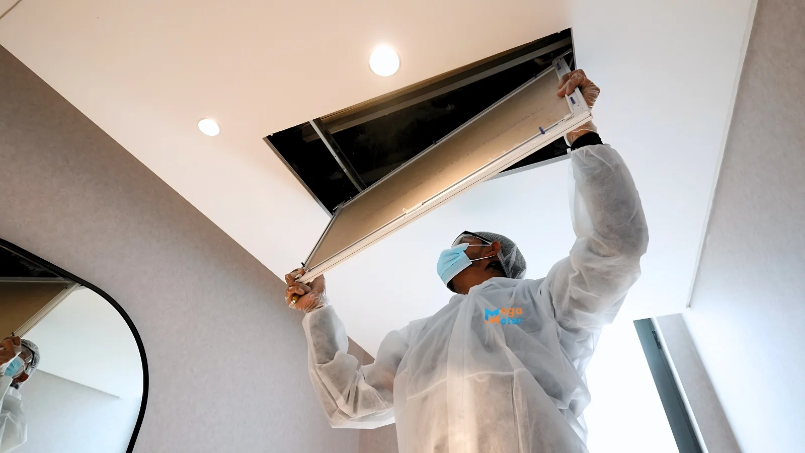 Dirty AC ductwork inside a Dubai villa with visible dust accumulation
