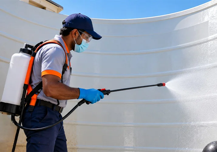 A rooftop water storage tank on a Dubai building being professionally drained and cleaned.